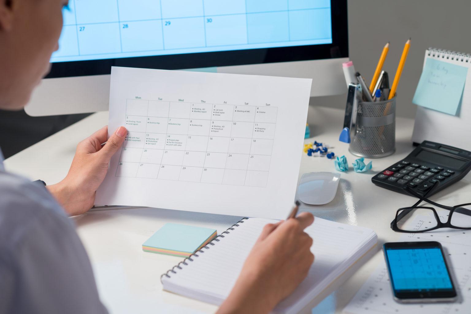 Business person looking at his calendar and making notes